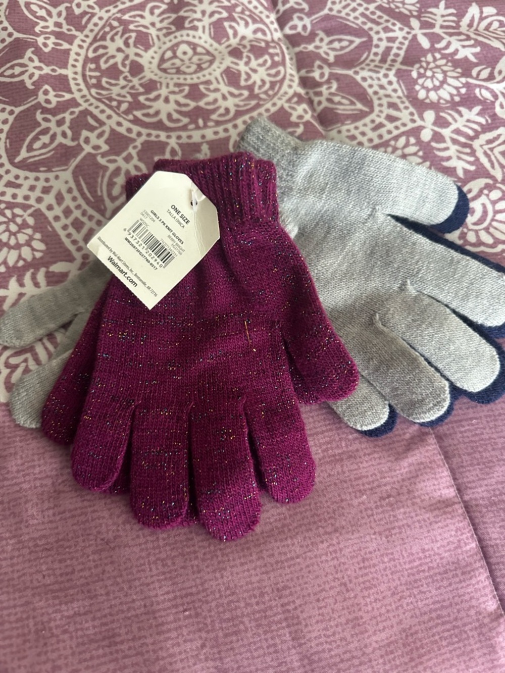 Walmart Sparkle Knit Gloves - Magenta and Gray